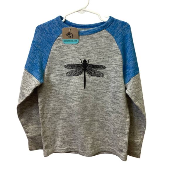Hand Printed Upcycled Youth Small Dragonfly Long Sleeve Crew Neck Raglan Sweater - Picture 1 of 4